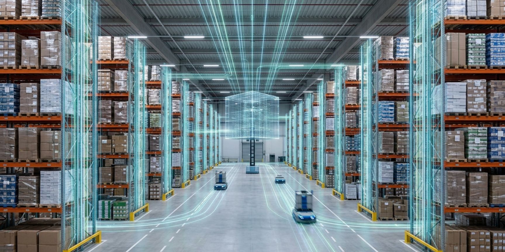 Modern data warehouse in the logistics property: Networked high-bay rows with visualized data streams for optimized warehouse logistics and analytics